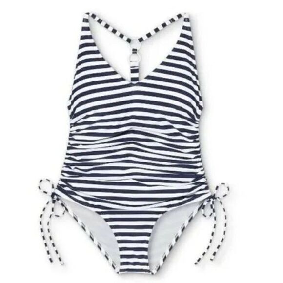 Kona Sol Navy + White Stripe V Neck Side Cinch One Piece Swimsuit Large - Picture 1 of 9